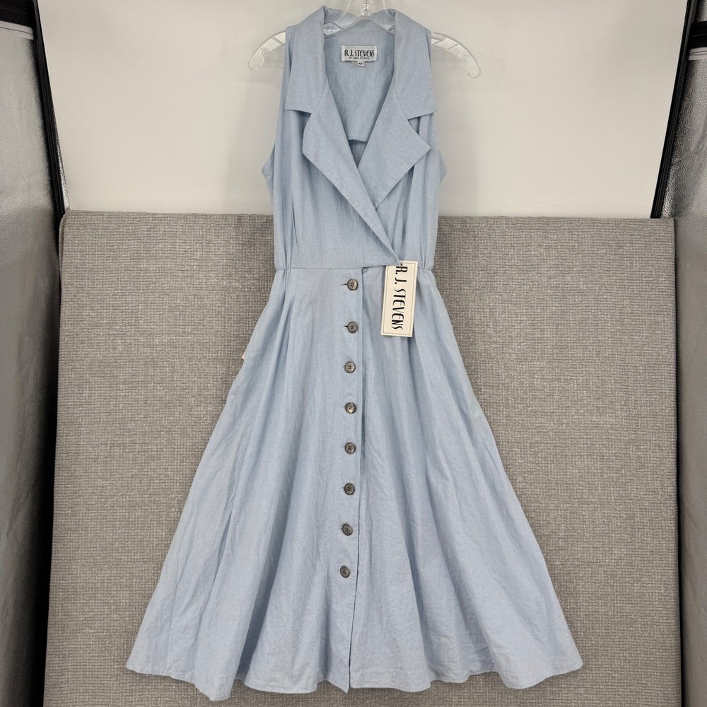 Vintage RJ Stevens Dress Womens 10 Blue Chambray Sleeveless Button Front Cottage